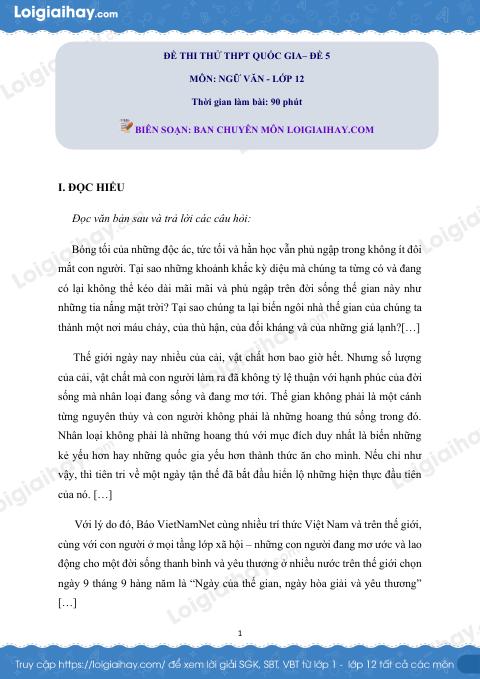 Đề số 5 - Đề thi thử THPT Quốc gia môn Ngữ văn